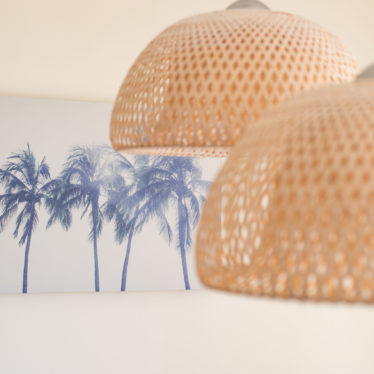 Lampen und Palmenbild im Hintergrund