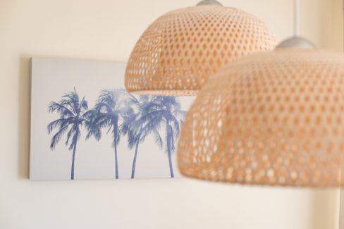 Lampen und Palmenbild im Hintergrund