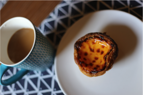 Teller mit Pastel de Nata und eine Kaffe Tasse daneben